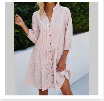 Plaid Ruffle V-Neck Dress – 3/4 Sleeve Elegance