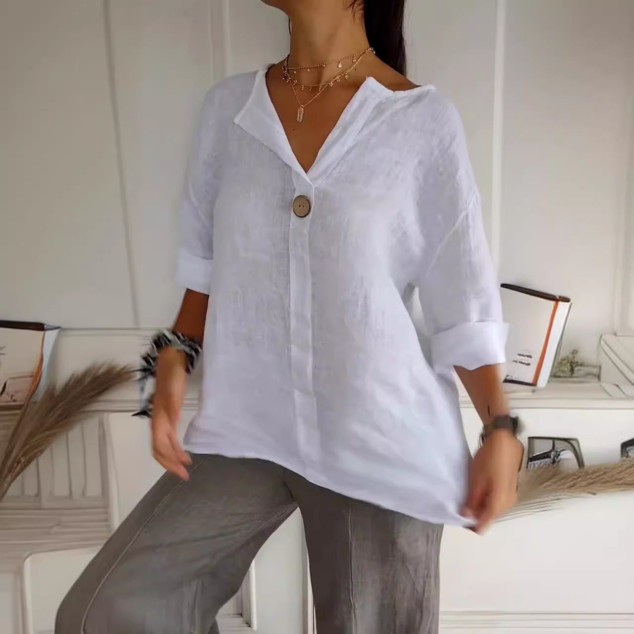 Women’s Casual V-Neck Linen Blend Shirt – Long Sleeves