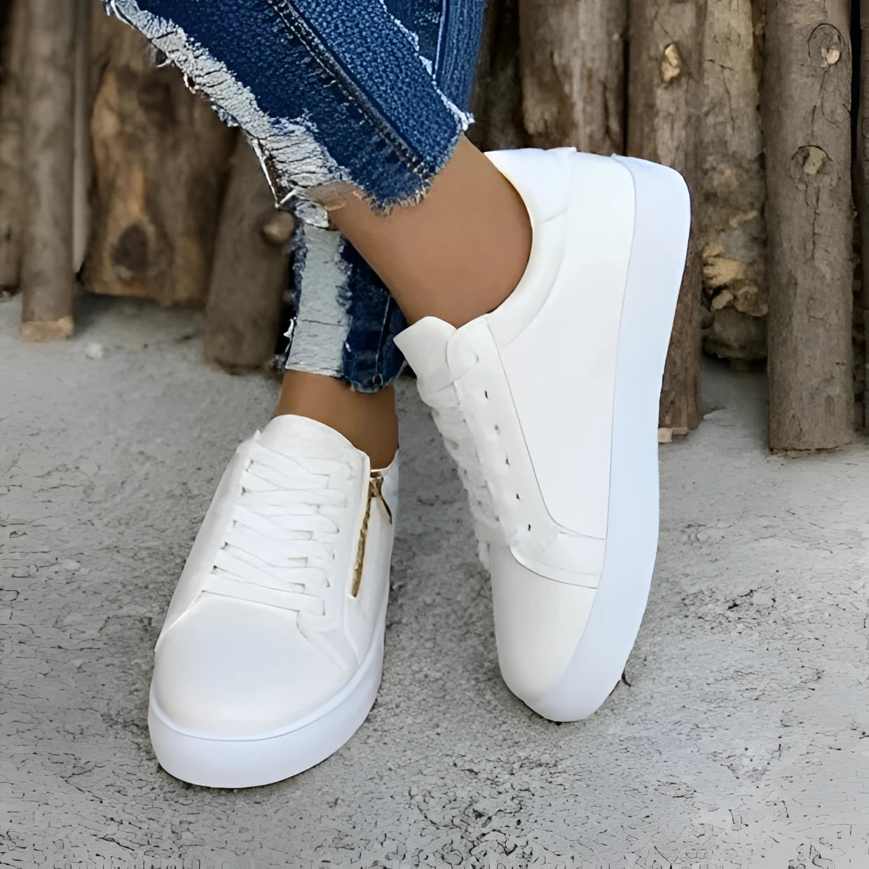 Women’s Leather Side-Zip Casual Sneakers - White / 36