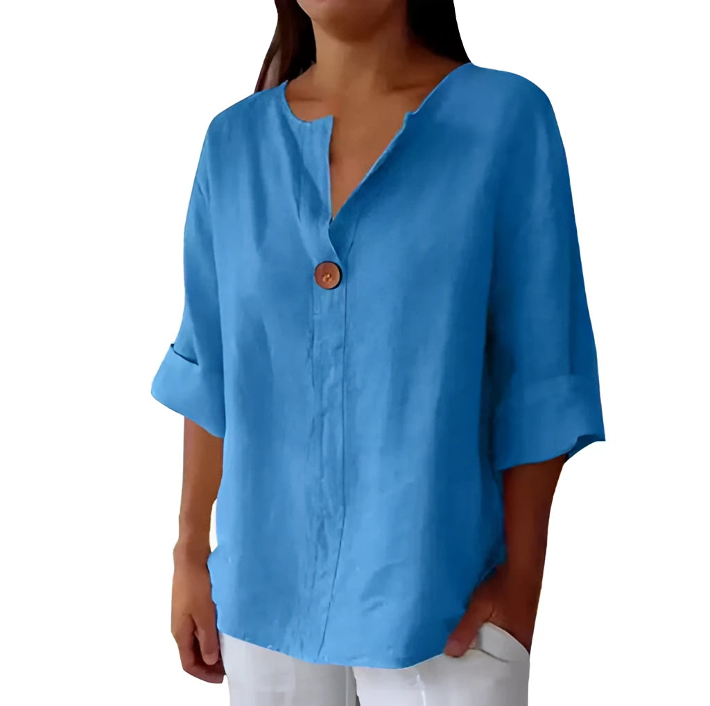 Women’s Casual V-Neck Linen Blend Shirt – Long Sleeves - Peacock blue / L