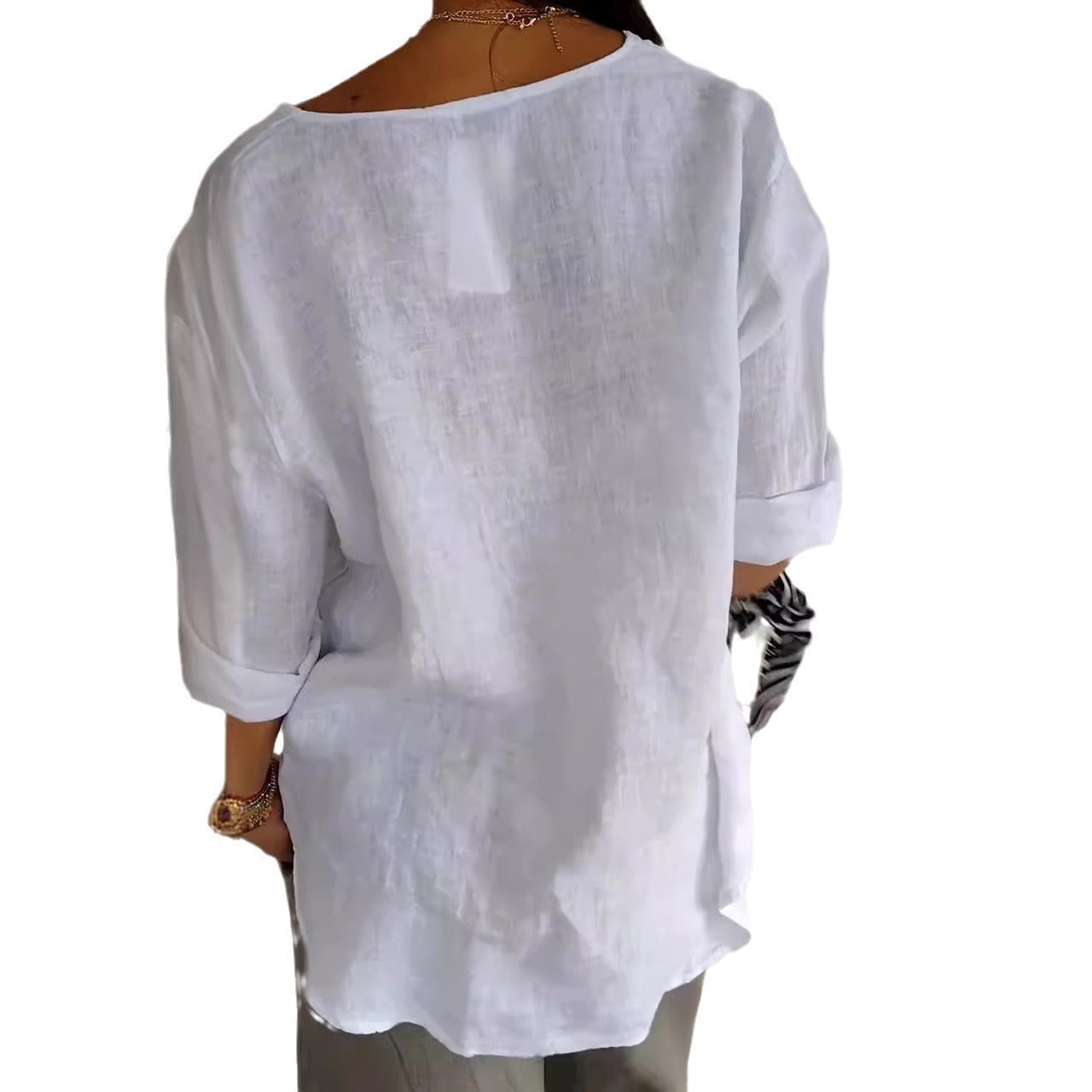 Women’s Casual V-Neck Linen Blend Shirt – Long Sleeves