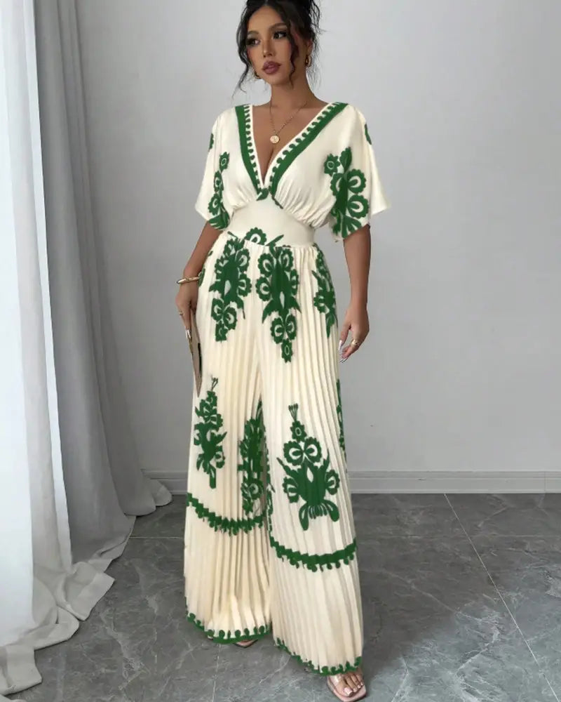 Casual Printed Loose Short-sleeved Jumpsuit