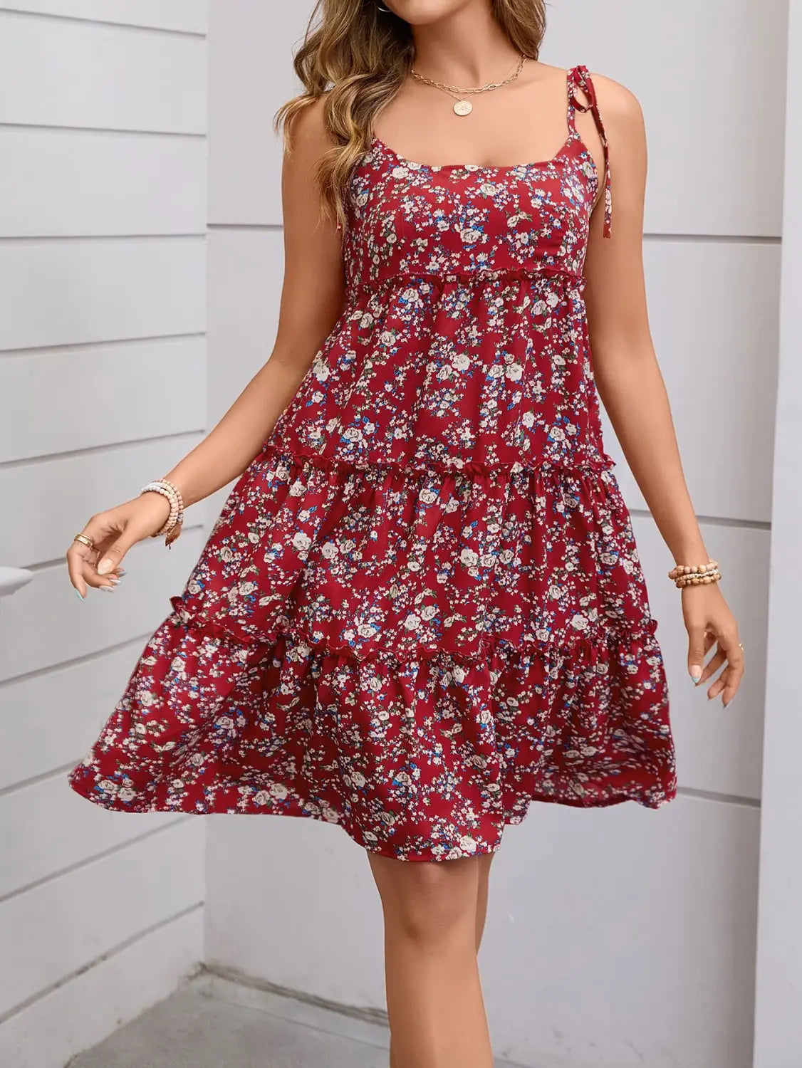 Women Floral Pleated Lace Up Dress