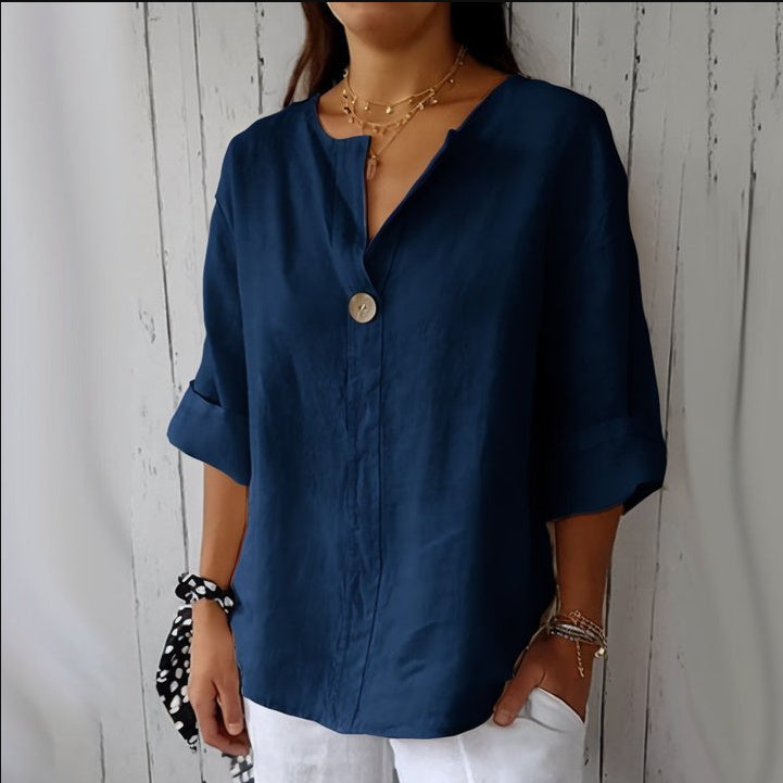 Women’s Casual V-Neck Linen Blend Shirt – Long Sleeves