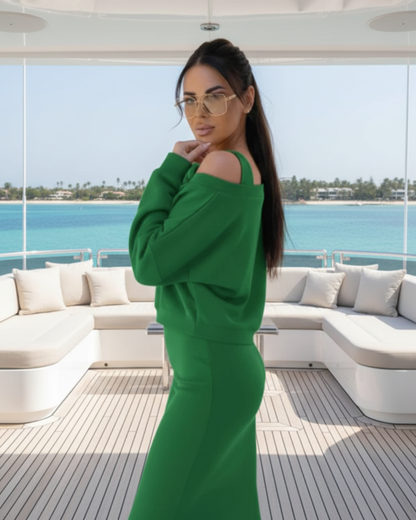 Casual-Chic V-Neck Sweatshirt and Midi Skirt Set - Women’s Fashion