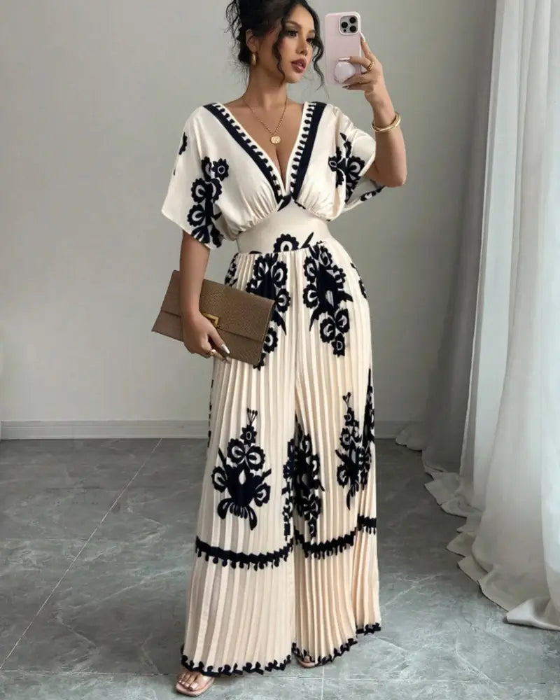 Casual Printed Loose Short-sleeved Jumpsuit