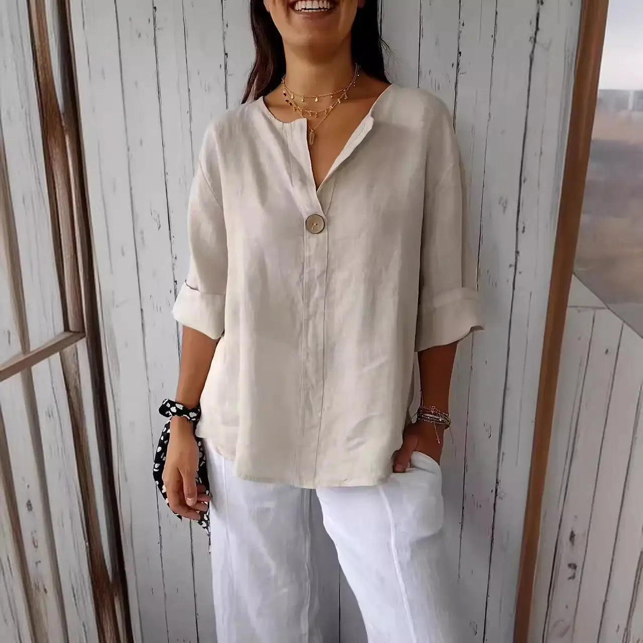 Women’s Casual V-Neck Linen Blend Shirt – Long Sleeves