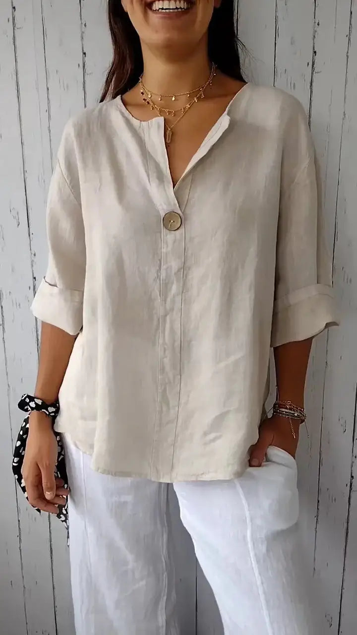 Women’s Casual V-Neck Linen Blend Shirt – Long Sleeves
