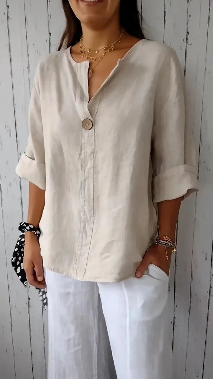 Women’s Casual V-Neck Linen Blend Shirt – Long Sleeves