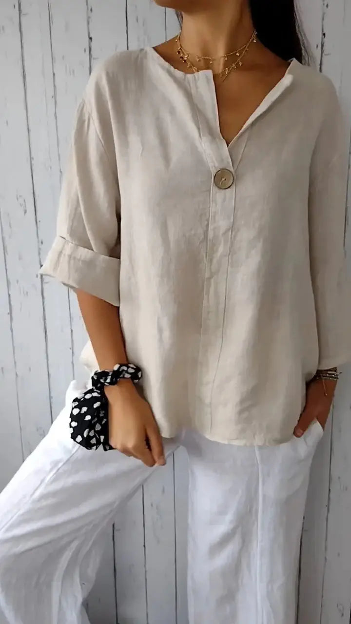 Women’s Casual V-Neck Linen Blend Shirt – Long Sleeves