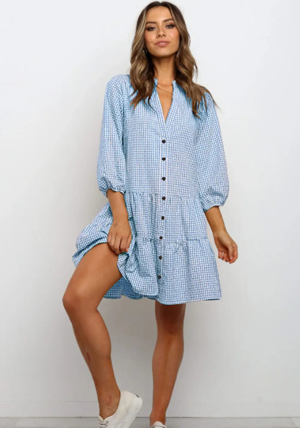 Plaid Ruffle V-Neck Dress – 3/4 Sleeve Elegance