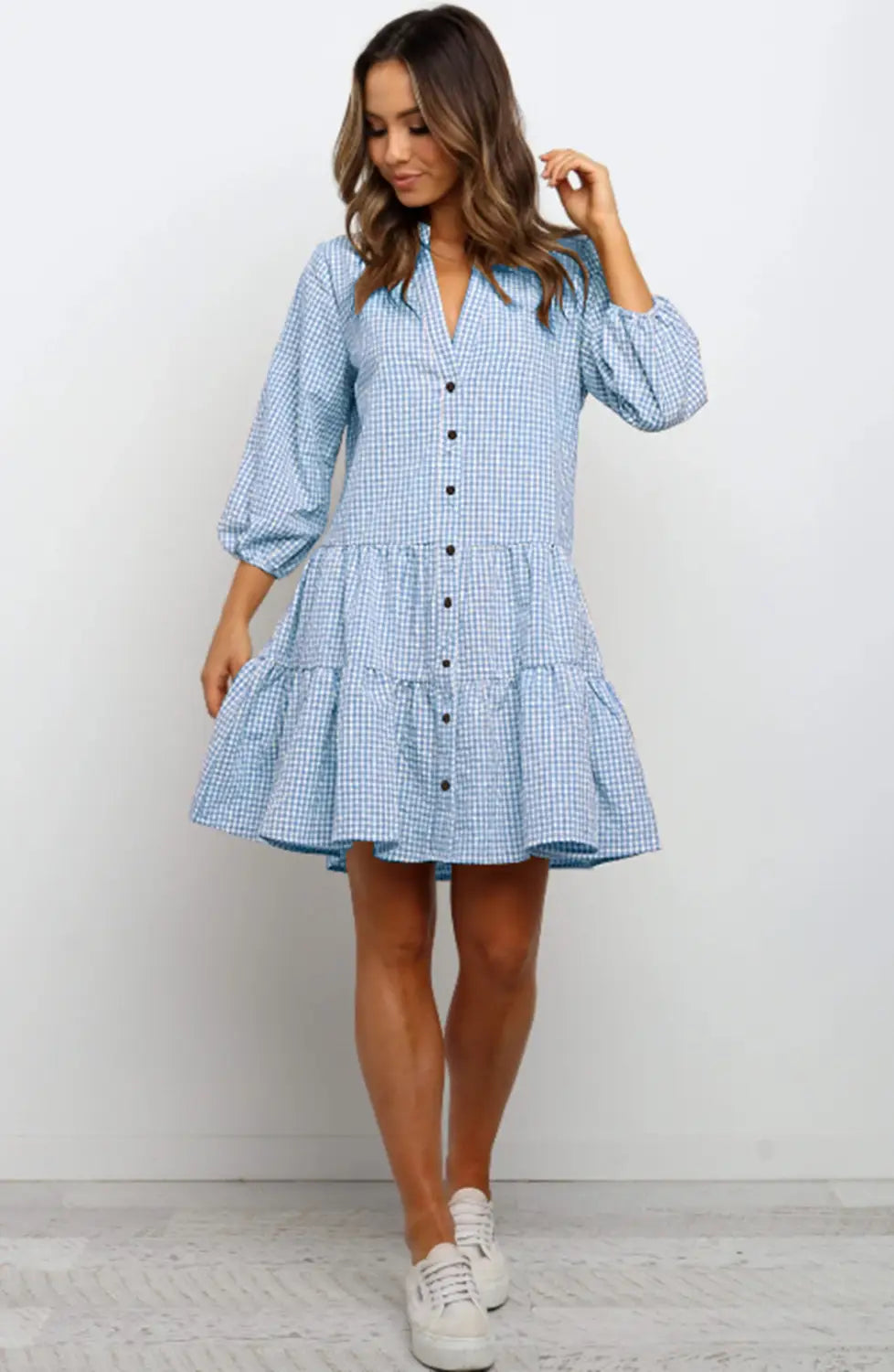Plaid Ruffle V-Neck Dress – 3/4 Sleeve Elegance