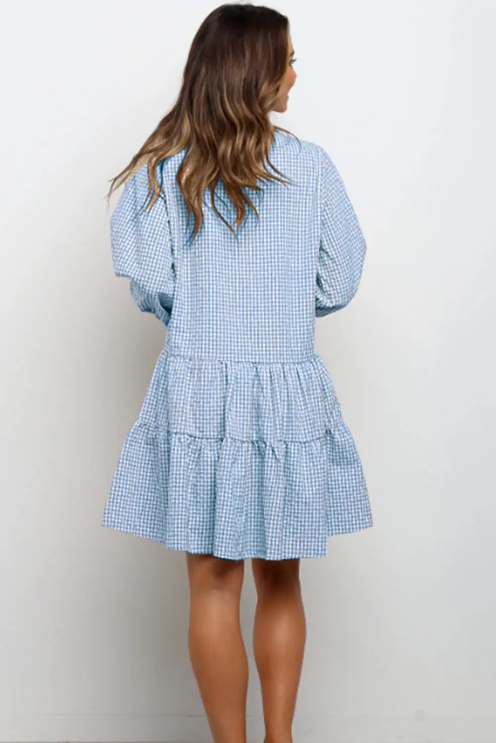 Plaid Ruffle V-Neck Dress – 3/4 Sleeve Elegance