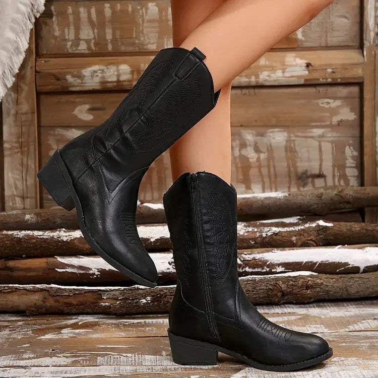 Women’s Pointed Toe Chunky Heel Mid-Calf Martin Boots