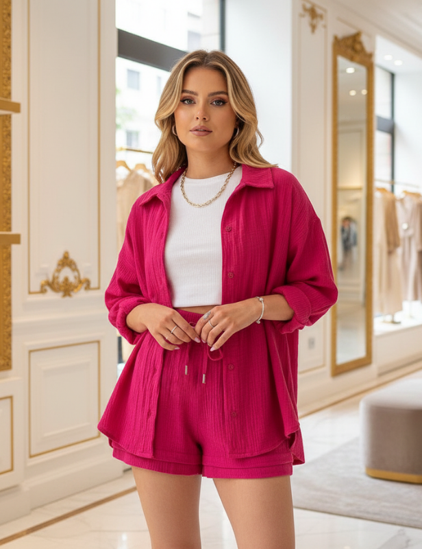 Lightweight Long Sleeve &Shorts Set - Rose Red / S - Women’s Fashion