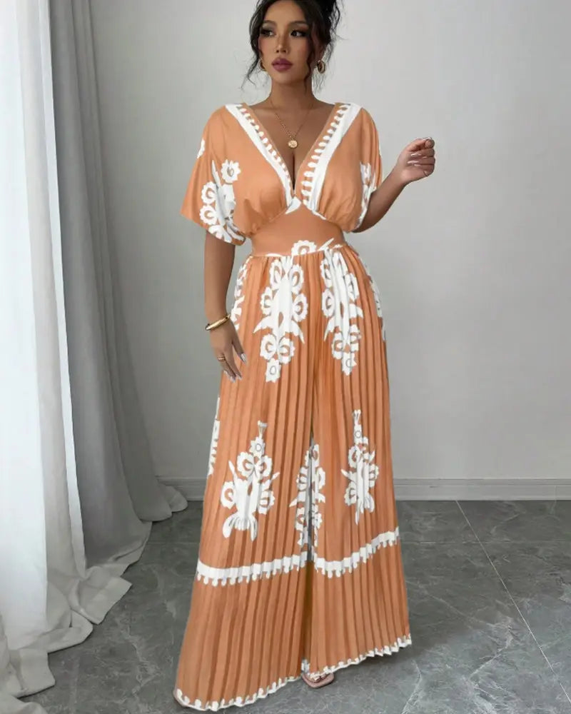 Casual Printed Loose Short-sleeved Jumpsuit