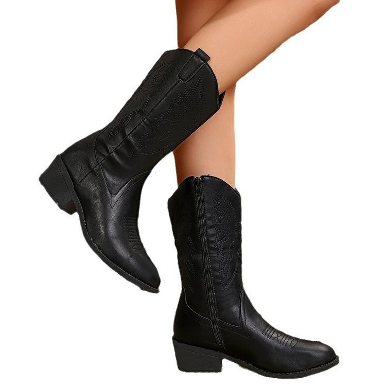 Women's Pointed Toe Chunky Heel Mid-Calf Martin Boots