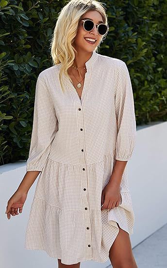 Plaid Ruffle V-Neck Dress – 3/4 Sleeve Elegance