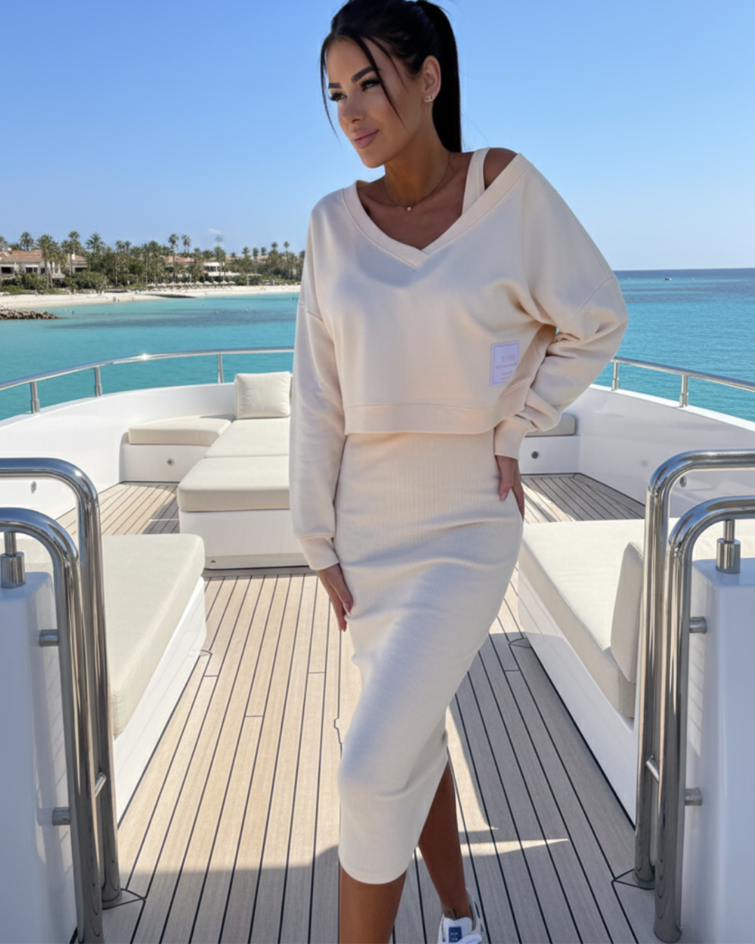 Casual-Chic V-Neck Sweatshirt and Midi Skirt Set - Women’s Fashion