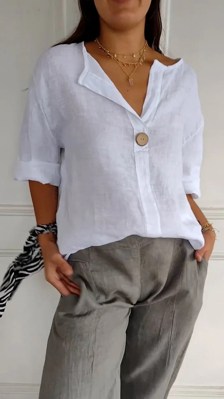 Women’s Casual V-Neck Linen Blend Shirt – Long Sleeves