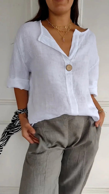 Women’s Casual V-Neck Linen Blend Shirt – Long Sleeves