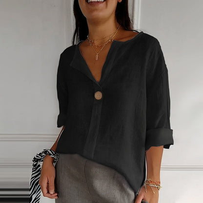 Women’s Casual V-Neck Linen Blend Shirt – Long Sleeves