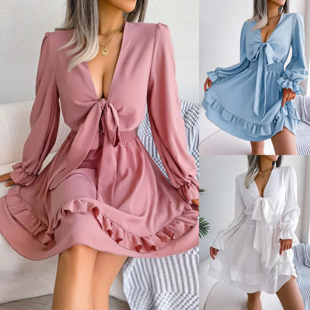 Lace-Up Beach Dress – Sexy V-Neck Long Sleeve Look
