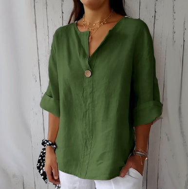 Women’s Casual V-Neck Linen Blend Shirt – Long Sleeves