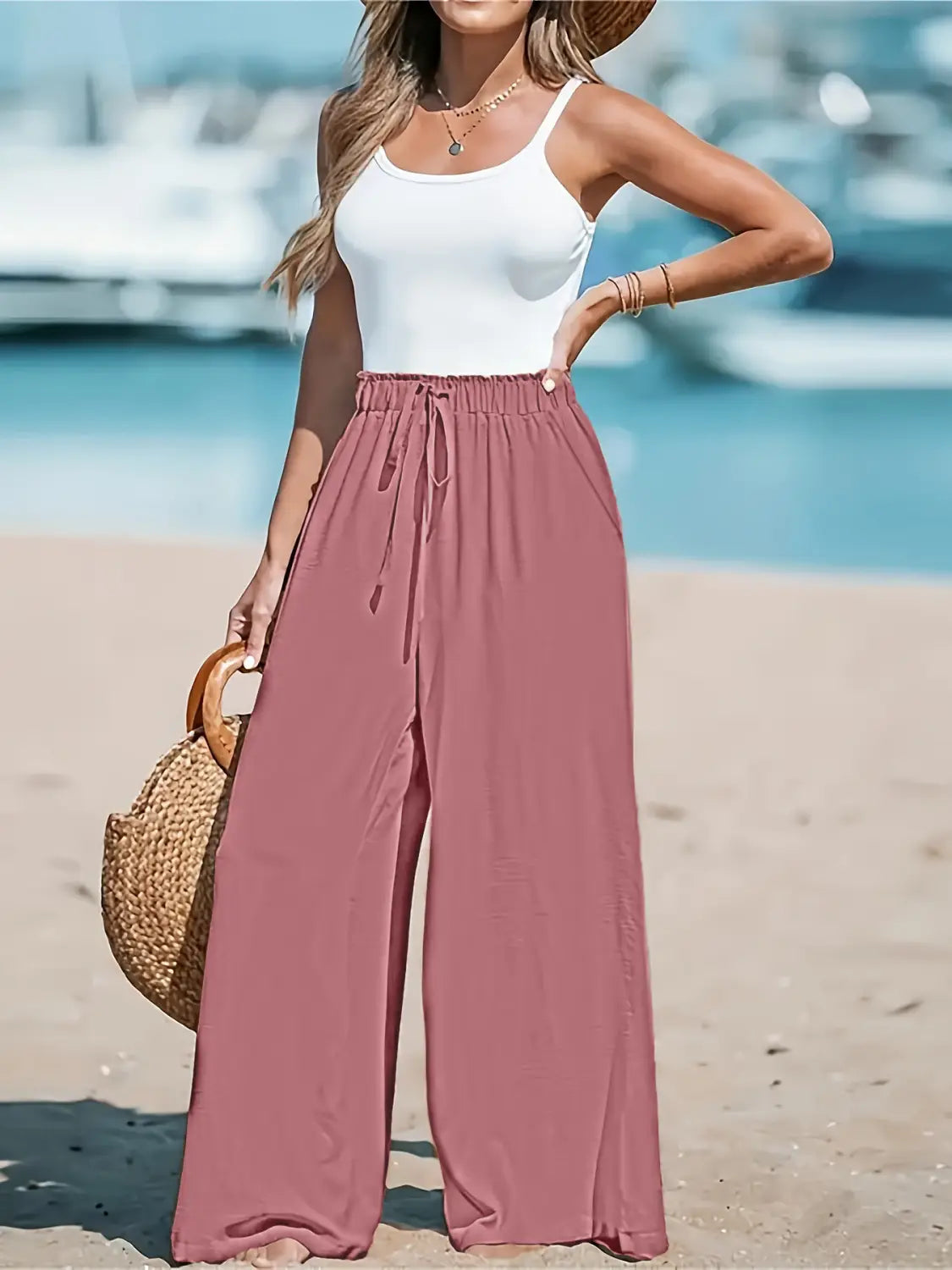 Women’s Fashion Fake Drawstring Loose Casual Wide-leg Trousers