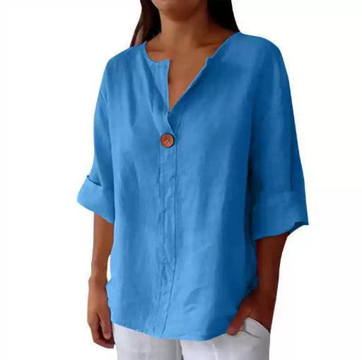 Women’s Casual V-Neck Linen Blend Shirt – Long Sleeves