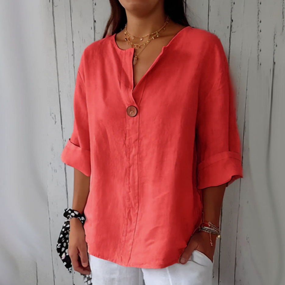 Women’s Casual V-Neck Linen Blend Shirt – Long Sleeves