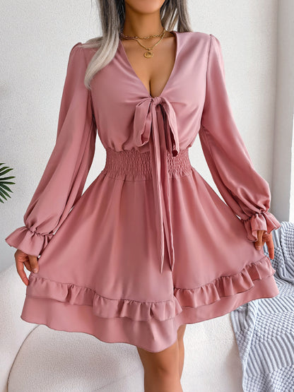 Lace-Up Beach Dress – Sexy V-Neck Long Sleeve Look