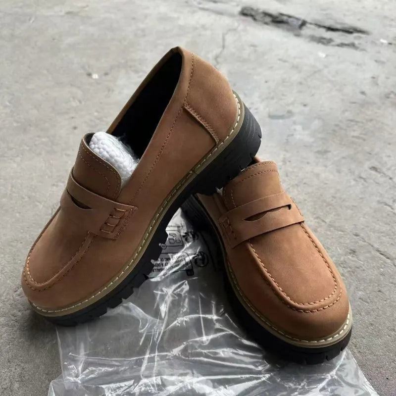 Modistaz Plus Size Retro Suede Loafers | Chunky Heel Platform - Dark Brown B / 35 - Women’s Shoes