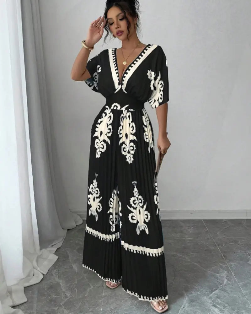 Casual Printed Loose Short-sleeved Jumpsuit